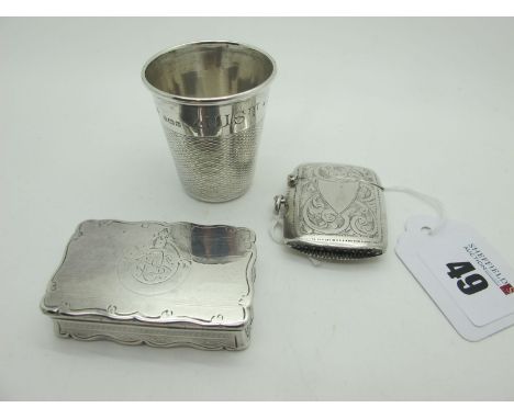 A Hallmarked Silver Snuff Box, GU, Birmingham 1874, of shaped rectangular form, with engine turned decoration (worn) and init