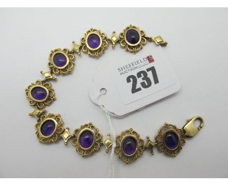 A 9ct Gold Amethyst Set Bracelet, of antique style, collet rubover set with uniform oval cabochons, 19.5cm long (overall weig
