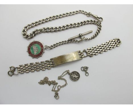 A Hallmarked Silver (Rubbed) Curb Link Albert Chain, suspending a T-bar and a "National Amalgamated Union of Enginemen Etc" M