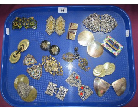 A Collection of Assorted Waist Buckles, including large hallmarked silver panel buckle, of shaped pierced design, London 1899