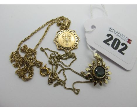 A 9ct Gold Scorpio Star Sign Pendant, on a chain; Together with A 9ct Gold Single Stone Pendant, of flowerhead design, on a c