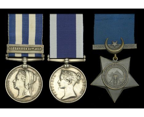 Three: Chief Carpenter’s Mate B. Stout, Royal Navy  Egypt and Sudan 1882-89, dated reverse, 1 clasp, Alexandria 11th July (B.