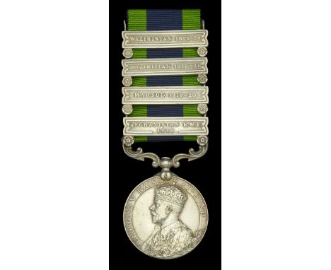 India General Service 1908-35, 4 clasps, Afghanistan N.W.F. 1919, Mahsud 1919-20, Waziristan 1919-21, Waziristan 1921-24 (Lt.
