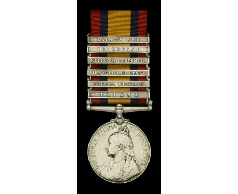 Queen’s South Africa 1899-1902, 6 clasps, Talana, Tugela Heights, Orange Free State, Relief of Ladysmith, Transvaal, Laing’s 