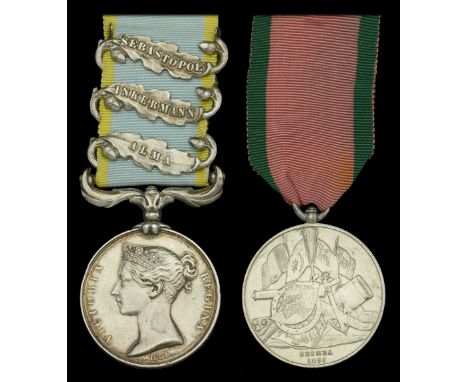 Pair: Sergeant M. Hickey, 21st Foot, who was wounded at Inkermann, 5 November 1854  Crimea 1854-56, 3 clasps, Alma, Inkermann