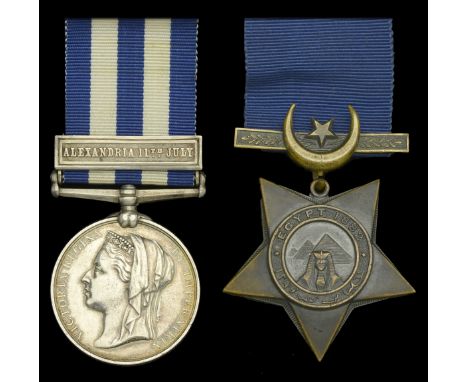 Pair: Chief Engine Room Artificer E. P. Barrett, Royal Navy  Egypt and Sudan 1882-89, dated reverse, 1 clasp, Alexandria 11th