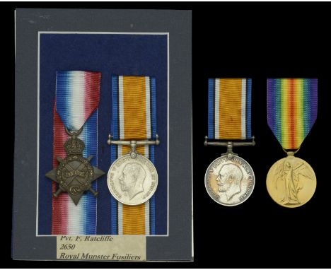 Pair: Private F. Ratcliffe, Royal Munster Fusiliers 1914-15 Star (2650, Pte. F. Ratcliffe. R. Muns. Fus.); British War Medal 