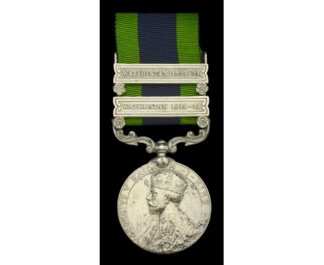 India General Service 1908-35, 2 clasps, Waziristan 1919-21, Waziristan 1921-24 (4180184 Pte. A. Smith, R.W. Fus.) light cont