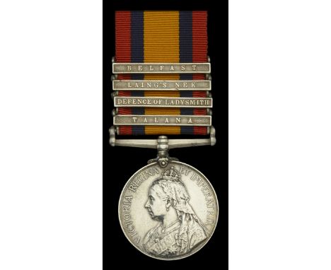 Queen’s South Africa 1899-1902, 4 clasps, Talana, Defence of Ladysmith, Laing’s Nek, Belfast (4252 Pte. E. Wheway, 1: Leic: R