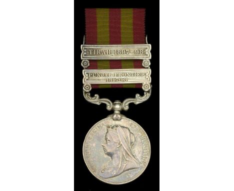 India General Service 1895-1902, 2 clasps, Punjab Frontier 1897-98, Tirah 1897-98 (3774 Pte. E. Barltle. 4th. Dragoon Gds:) e