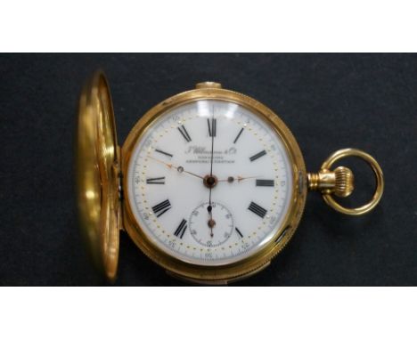 An 18k gold hunter cased quarter repeating chronograph pocket watch, circa 1900,  the 3.8cm white enamel dial signed 'J Ullma