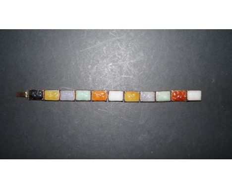 A Chinese 14k and coloured jade bracelet, of eleven links,19cm long.