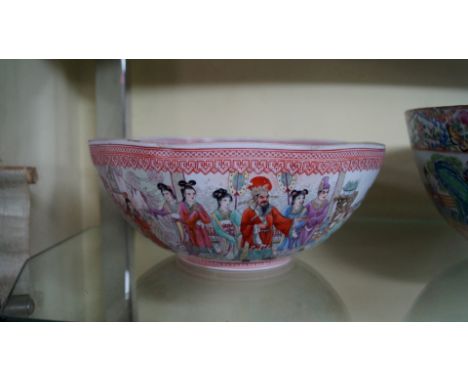 A Chinese Republic style famille rose octagonal bowl, Qianlong four character seal mark, painted with an emperor and attendan