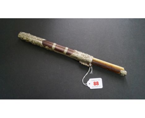 An Oriental wood, bone and metal mounted chopstick set.