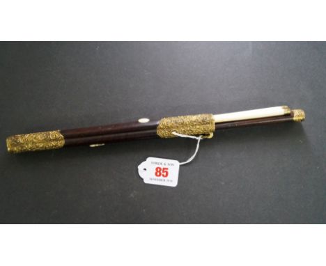 A Chinese Jichimu wood, ivory and gilt metal mounted chopstick set, 19th century.