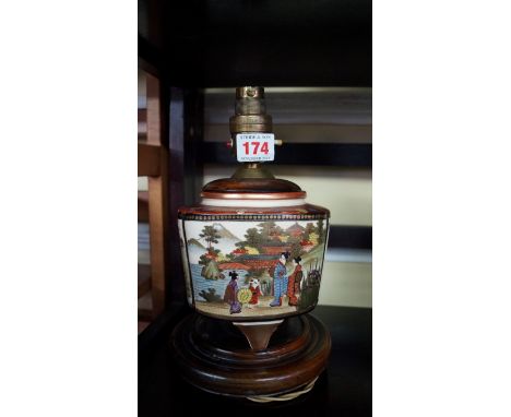 A Japanese Satsuma pottery tripod koro, Meiji period, of triangular form, 13cm high, (mounted as a lamp).