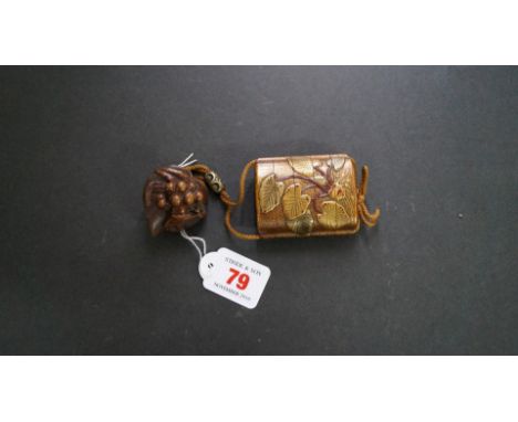 A Japanese lacquer four case inro and cover, Meiji period, decorated in relief with leaves, 6.5cm high, with carved wood nets
