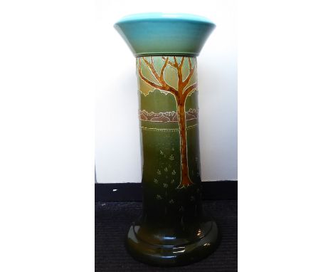 A late Victorian ceramic pedestal, decorated in colours and tubeline with stylised trees&nbsp; 26"h