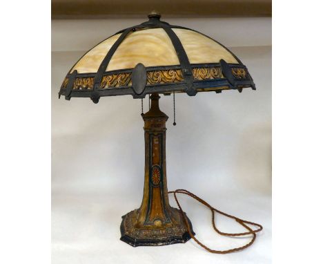 An Arts &amp; Crafts painted metal table lamp with a tapered column, on a decoratively formed base, the triple light holders 