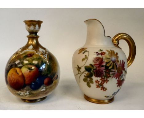 A Royal Worcester china, spherical bottle vase with a cup lip, decorated with soft fruit and gilding&nbsp; bears an indistinc