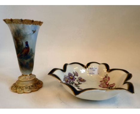 A Royal Worcester china trumpet shape specimen vase, decorated with pheasants and highlighted in gilt&nbsp; bears the signatu