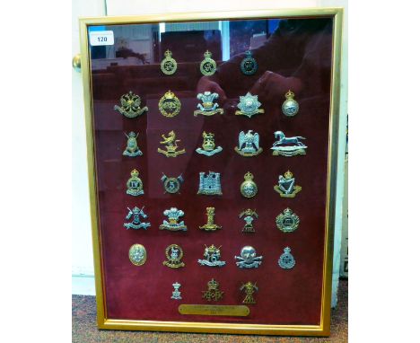A framed and glazed display of thirty British Army Cavalry regimental cap badges and other insignia, some copies (Please Note