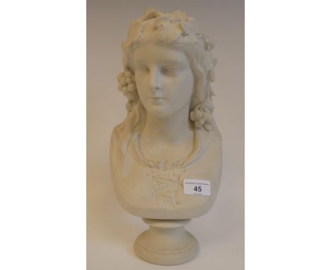 A Copeland Parianware bust 'Hop Queen' a maiden with hops in her hair, the socle impressed Ceramic and Crystal Palace Art Uni