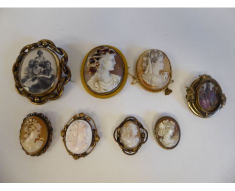 Various cameo brooches: to include one shell carved, depicting the profile portrait of a woman