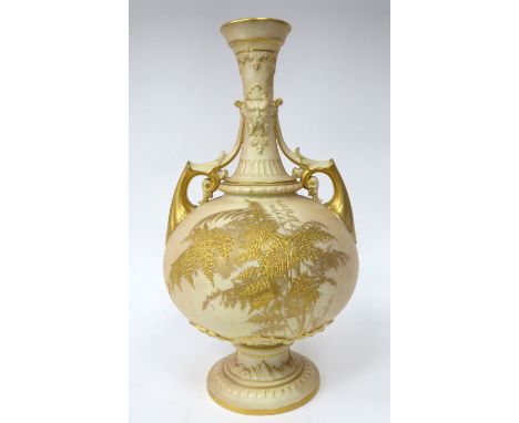 A Royal Worcester blush ivory glazed and gilded china bottle vase of bulbous form with twin, scrolled, maskhead handles, a na