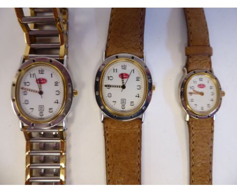 Three ladies modern Bugatti wristwatches, one of oval form, faced by a pigskin strap