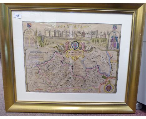 A John Speed circa 1625 coloured county map 'Barkshire Described', incorporating a title cartouche, an inset view of Windsor,