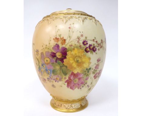 A Royal Worcester blush ivory glazed and gilded china jar of baluster form, decorated with mixed flora&nbsp; 9.25"h