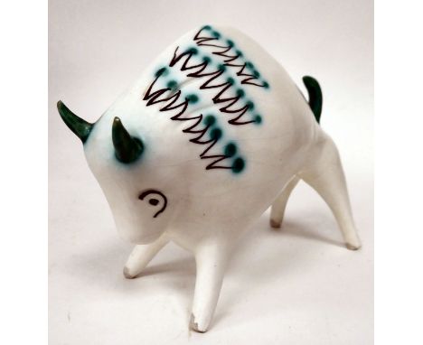 A Roberto Rigon ceramic model of a bull, painted in characteristic zig-zag enamels&nbsp; 3.75"h