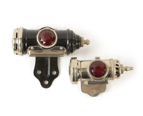 A JOSEPH LUCAS CHROMED CYCLE REAR LIGHT NO.344 AND ANOTHER BLACK AND CHROME EXAMPLE both with red facetted convex lensesLUCAS