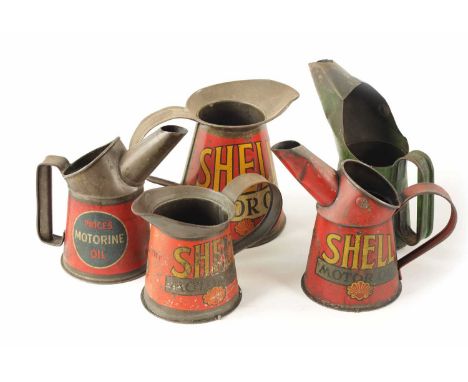 A COLLECTION OF FIVE VINTAGE MOTOR OIL CANS comprising of three Shell oil, a Prices motor oil and a BP Energol oil.Tallest is