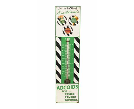 A VINTAGE DUCKHAMS ADCOIDS ENAMEL ADVERTISING SIGN with calibrated thermometer dial to the centre 185cm high 