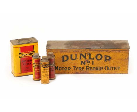 A COLLECTION OF VINTAGE DUNLOP TYRE REPAIR ACCESSORIES  including dusting chalk and rubber solution