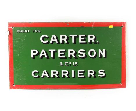 A VINTAGE CARTER PATTERSON &amp; CO. LD. CARRIERS RECTANGULAR ENAMEL SIGN with a green ground and red border. 79cm wide, 45cm