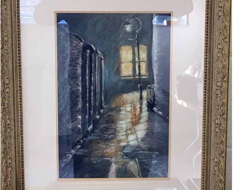 Bob Richardson (b1938), A Rainy Lancashire Back Street by Lamplight, pastel drawing, signed R. Richardson '72, 38cm by 24cm 