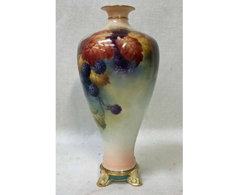 A Royal Worcester narrow neck Vase of tapering ovoid form raised on four feet, hand painted with blackberries and Autumn leav