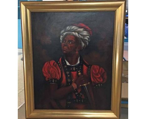 Continental School (19th century), portrait of a Middle Eastern Nobleman or Saracen holding a dagger, oil on canvas, unsigned