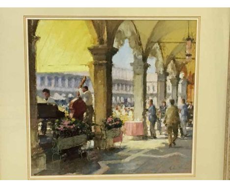 Bob Richardson (b1938), St Marks Square Venice Beneath the Colonades featuring Musicians and Figures, pastel drawing signed R