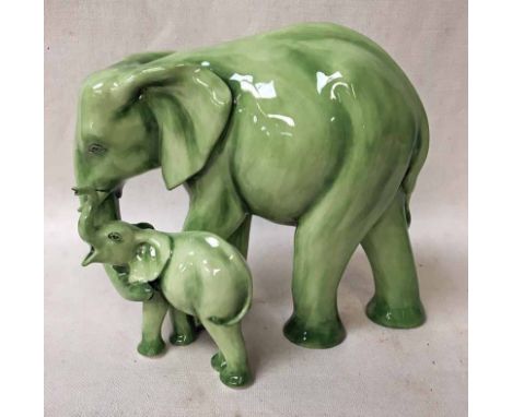 A rare Royal Doulton prototype model Elephant with Calf, jade green colourway, printed stamp to rear foot with factory mark a