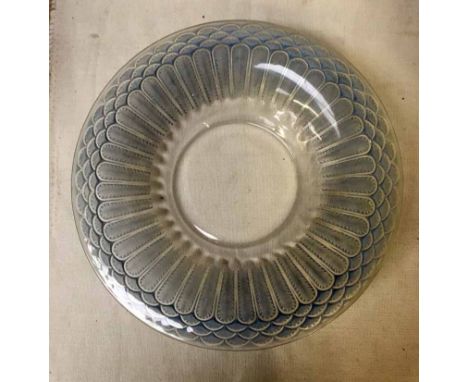 A Lalique Jaffa design clear and frosted blue tinted deep Dish, etched makers mark R Lalique France to underside, 32cm diamet