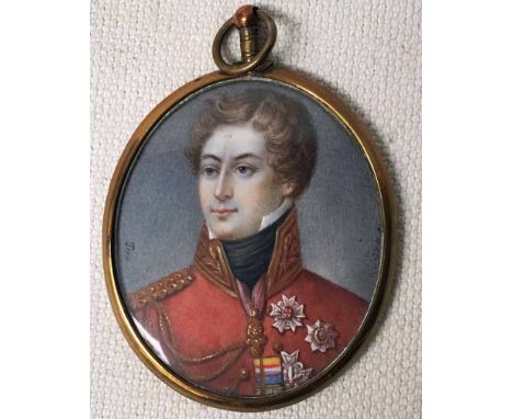 A signed oval Portrait Miniature, 19th century of a Prussian Officer in uniform, bust length facing right, ivory in a  brass 