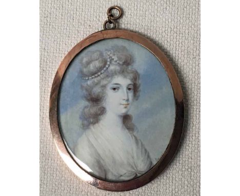 A signed oval Portrait Miniature, 19th century depicting an 18th century Noblewoman, bust length, possibly on ivory, in a gil