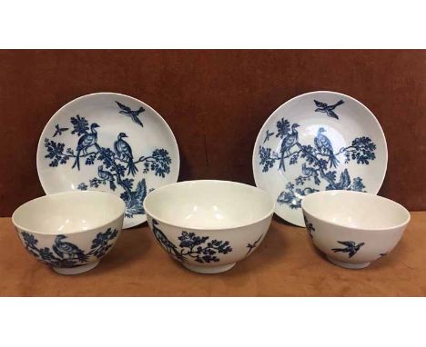 A late 18th century Worcester blue and white bowl decorated with exotic birds amongst branches and birds in flight, 10cm diam