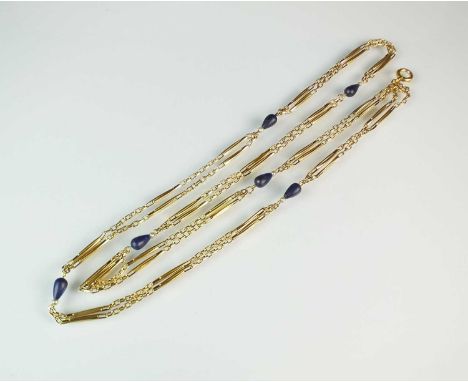 A yellow metal lapis lazuli and seed pearl set necklace, the yellow metal chain set with six polished pear shaped lapis lazul