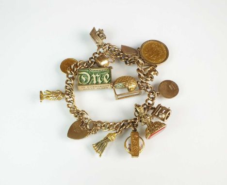 A 9ct rose gold curb link bracelet with attached charms, the 9ct gold and yellow metal charms include; a baby in a cradle, a 