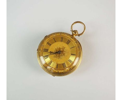A lady's 18ct gold fob watch, hallmarked London 1880, the decorative gold dial with black Roman numerals, the gilt fusee move